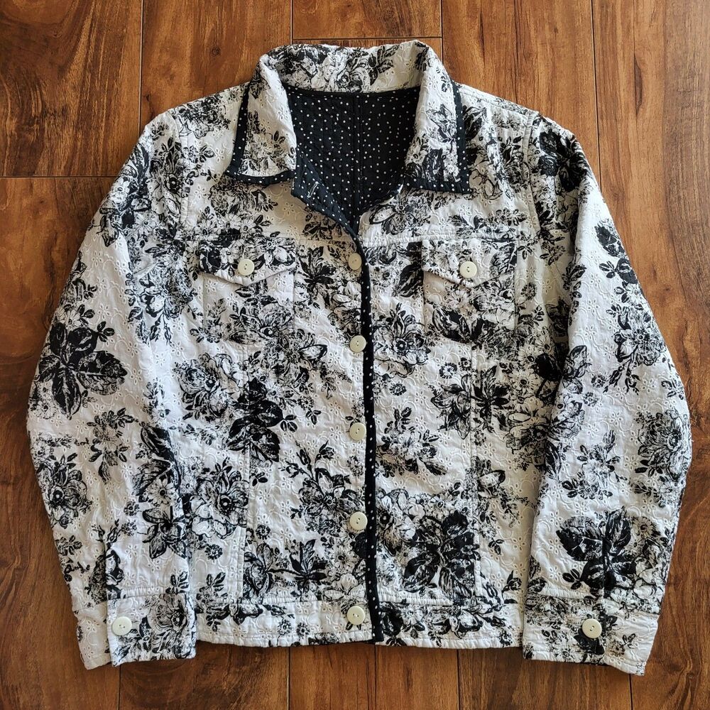 Reversible Quilted Jacket Womens Black White Floral Polka Dot Button Front Med